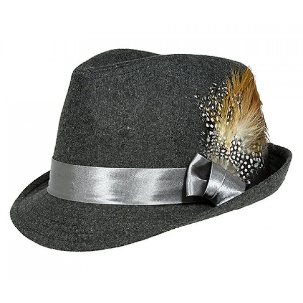 Fedora Hat - Wool-felt w/ Satin Ribbon Bow & Feather - Dark Gray - HT-AHA51777DGY